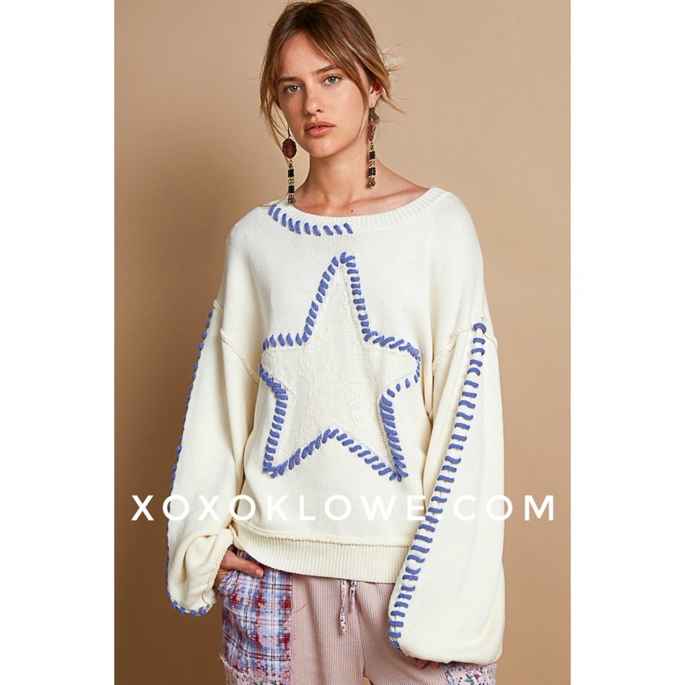 POL Cream with Blue Star Contrast Stitched Relaxed Fit Sweater - Picture 10 of 13